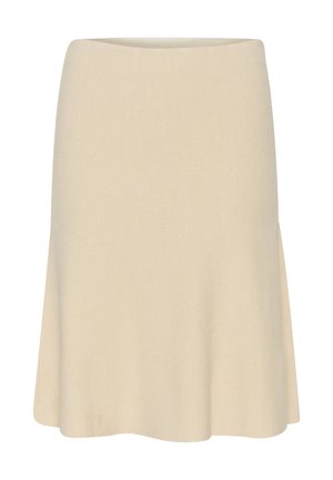 Beige gebreide rok tot de knie met een gladde textuur, een A-lijn vorm en een brede tailleband. Eenvoudig ontwerp zonder patronen of versieringen.