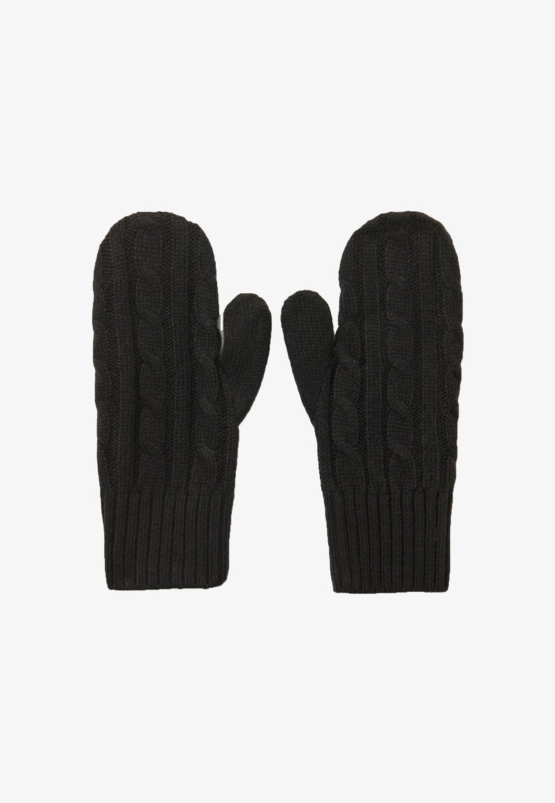 Černé pletené rukavice s vzorem copánků a žebrovanými manžetami. Měkká textura; zaoblené vršky; navrženy pro teplo a pohodlí.