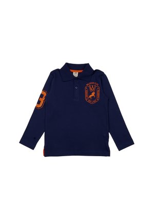 Navy blue long-sleeve polo shirt with orange accents, featuring a logo patch and number "3" on the sleeve.  Soft fabric, button placket.