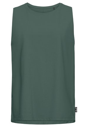 Mouwloze tanktop met ronde hals in donker groen, gemaakt van zachte stof. Heeft een rechte zoom en een klein merkembleem linksonder.