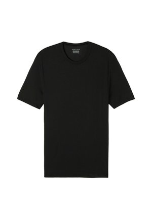 Schwarzes T-Shirt mit kurzen Ärmeln, aus weicher Seide hergestellt, mit Rundhalsausschnitt, lockerer Passform und glatter Textur ohne sichtbare Muster oder Akzente.