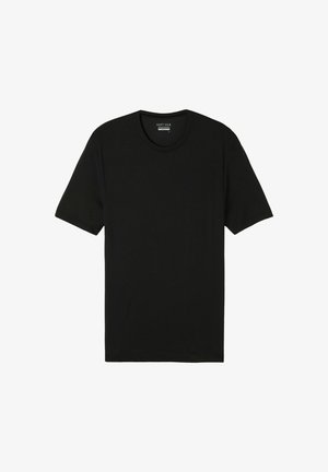 T-shirt noir à manches courtes en soie douce, avec un col rond, une coupe décontractée et une texture lisse sans motifs ni accents visibles.
