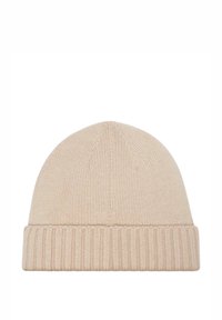 Berretto in maglia beige chiaro, con vestibilità aderente e polsino a coste. Texture liscia con dettagli sottili sulla sommità.