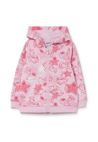Sudadera con cremallera rosa que presenta un patrón de ilustraciones de Snoopy y estrellas. Fabricada en tejido suave, tiene capucha y puños acanalados.
