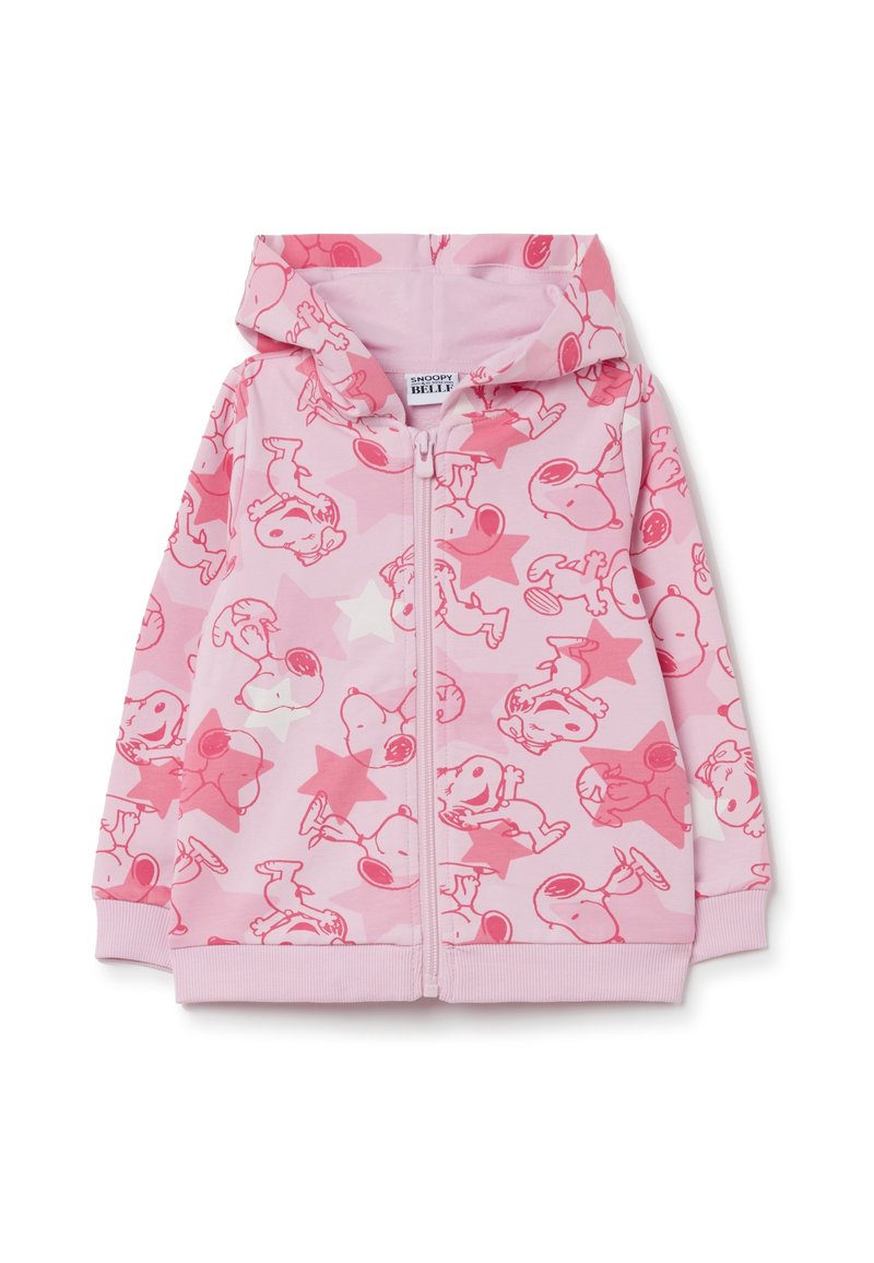 Sudadera con cremallera rosa que presenta un patrón de ilustraciones de Snoopy y estrellas. Fabricada en tejido suave, tiene capucha y puños acanalados.