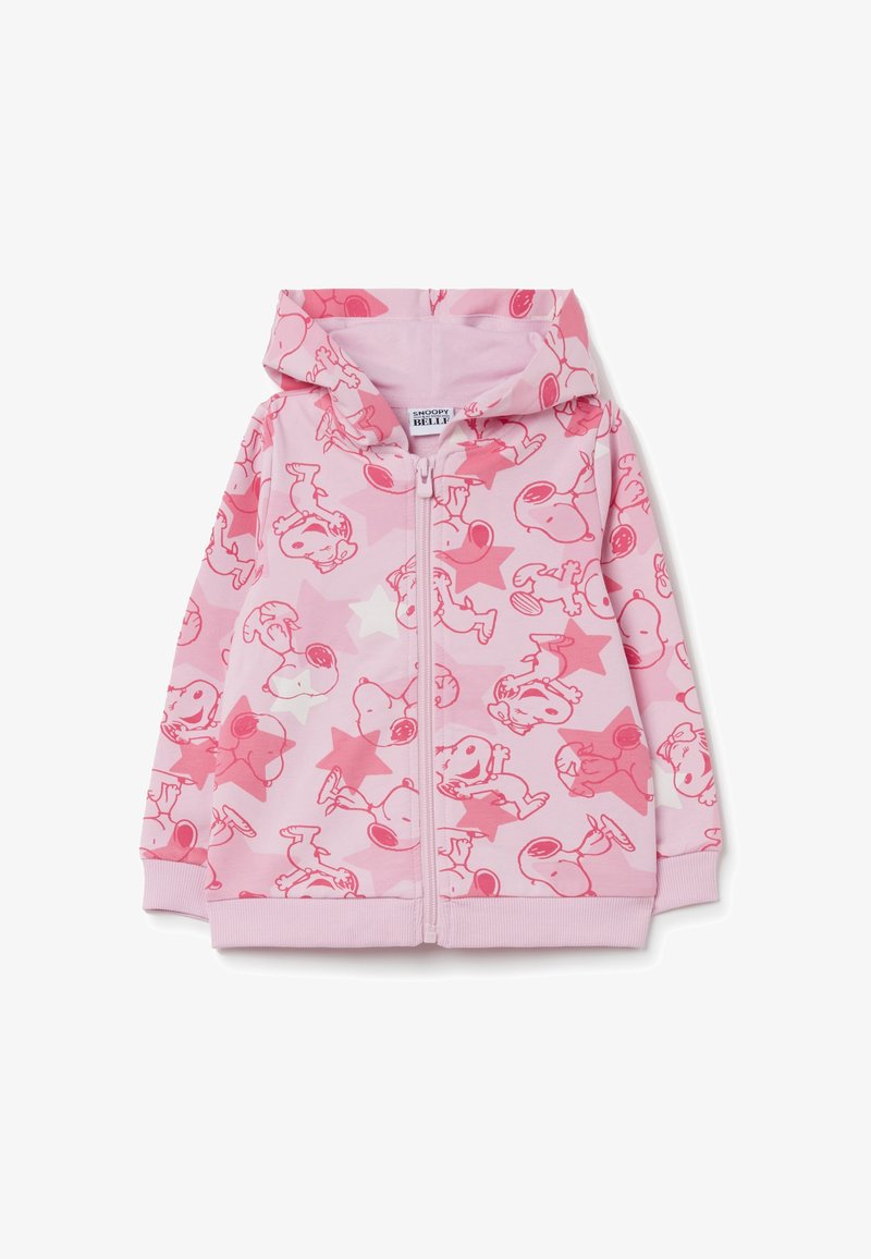 Giacca a hoodie rosa con zip, caratterizzata da un motivo di illustrazioni di Snoopy e stelle. Realizzata in tessuto morbido, presenta un cappuccio e polsini a coste.