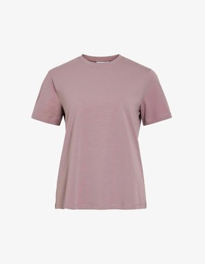 T-shirt à manches courtes en tissu rose clair doux. Encolure ronde classique avec une coupe décontractée et une texture lisse. Aucun motif ou accent visible.