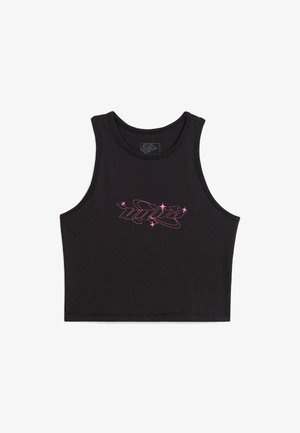 Top court noir en coton, avec un logo graphique rose orné d'étoiles sur le devant. Texture lisse, sans manches.