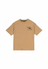 Tan katoenen T-shirt met korte mouwen, voorzien van een zwarte graphic van de planeet Saturnus met bliksemflitsen op de bovenste linkerborst.