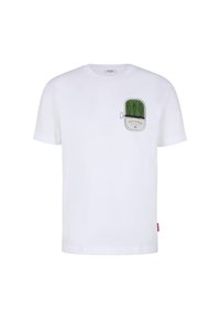 Weißes Baumwoll-T-Shirt mit kurzen Ärmeln. Auf der Vorderseite ist ein grünes Grafikdesign einer Meeresfrüchte-Dose mit der Aufschrift "Frutti di Mare" zu sehen. Rotes Markenschild an der Seite.