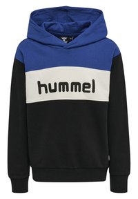 Bluza z kapturem z niebieskimi, białymi i czarnymi panelami. Duże czarne logo "hummel" na klatce piersiowej. Miękki materiał z mieszanki bawełny.