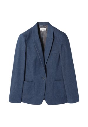 Tmavě modrý blazer vyrobený z texturované látky s jedním knoflíkovým zapínáním, dvěma předními kapsami a klopovým límcem.