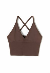 Bruine geribbelde bralette met een diepe V-hals, verstelbare kruislings gespen en een aansluitende pasvorm. Gladde textuur, geen zichtbare hardware.