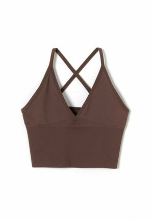 Brun ribbad bralette med djup V-ringning, justerbara korskorsremmar och en åtsittande silhuett. Slät textur, ingen synlig hårdvara.