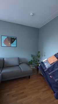 Ciemnoniebieskie jeansy z denimu z brązową skórzaną metką, trzymane przed szarą sofą w jasnoniebieskim pokoju z dekoracją ścienną i rośliną.