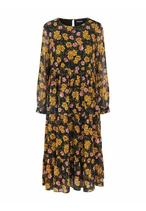 Czarna sukienka midi z długim rękawem, w żółto-różowy kwiatowy wzór, z okrągłym dekoltem, warstwową spódnicą i zapięciem na guziki z tyłu.