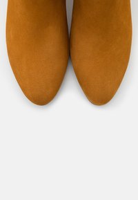 Bottes botte en suède marron avec un design à bout pointu, présentant une texture lisse et un matériel minimal, vues de dessus.