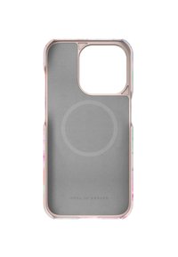 Telefoncase med en lyserød, marmorering yderside, hård plastmateriale, og en grå inderside med et cirkulært område til trådløs opladning.