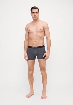 Gray cotton boxer briefs with a black waistband featuring a logo, fitted design, and mid-thigh length, worn by a standing male model.