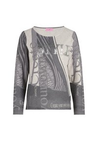 Langarm-Pullover in Grau und Beige mit einem Mix aus Mustern, der den Text "STYLE" und "Create your own style" in metallicer Druck zeigt.