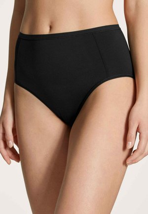 Zwarte high-waisted bikini slip van rekbare stof, met een gladde textuur en een minimalistisch ontwerp zonder zichtbare naden.