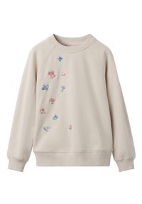 Licht beige sweatshirt met geribbelde ronde hals. Heeft kleurrijke bloemenborduursels in verschillende maten op de voorkant. Zachte stof, losse pasvorm.