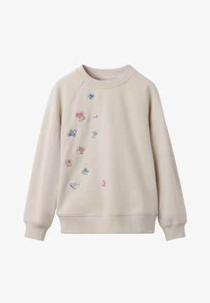Light beige sweatshirt with ribbed crew neck. Features colorful floral embroidery in varying sizes on the front. Soft fabric, relaxed fit.