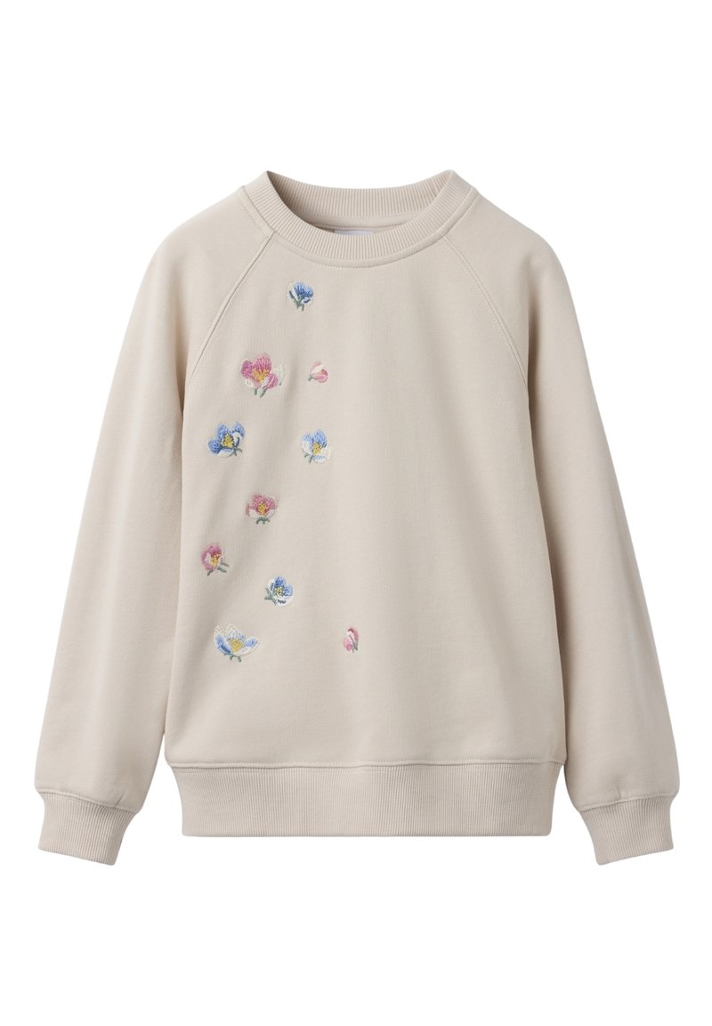 Licht beige sweatshirt met geribbelde ronde hals. Heeft kleurrijke bloemenborduursels in verschillende maten op de voorkant. Zachte stof, losse pasvorm.
