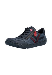 Chaussure décontractée noire avec lacets noirs, fermeture éclair latérale avec languette rouge, détail de couture rouge et semelle épaisse texturée.