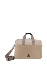 Beige kannettava tietokoneen laukku, joka on valmistettu kestävästä kankaasta. Siinä on kaksi yläkahvaa, irrotettava olkahihna ja pyöreä logo-yksityiskohta.