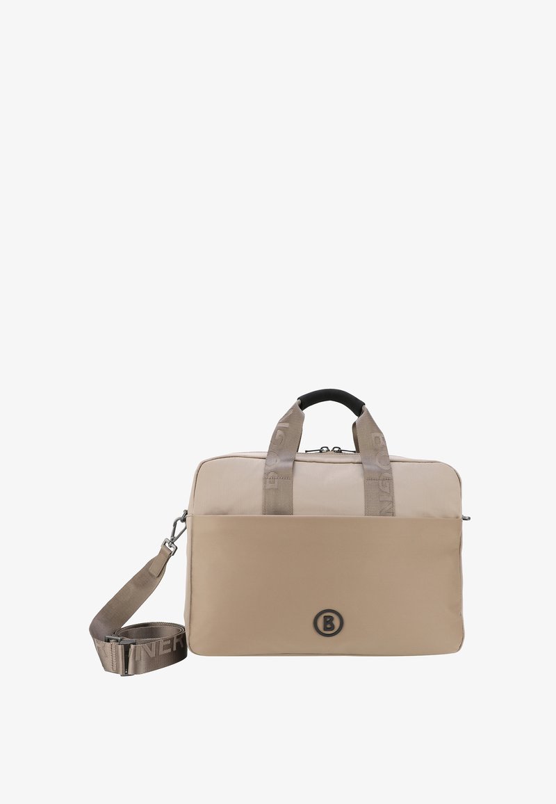 Beige laptop bag made of durable fabric, featuring dual top handles, detachable shoulder strap, and a circular logo accent.