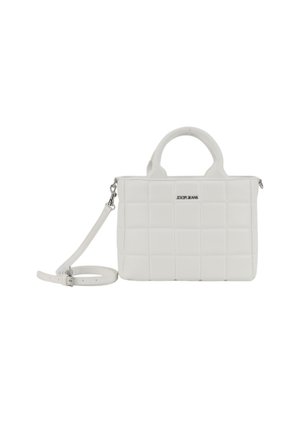 White quilted handbag with a structured shape, top handles, and a detachable shoulder strap. Features a metal logo on the front.