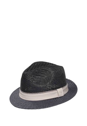 Black woven fedora hat with a beige fabric band and decorative stitching around the crown.