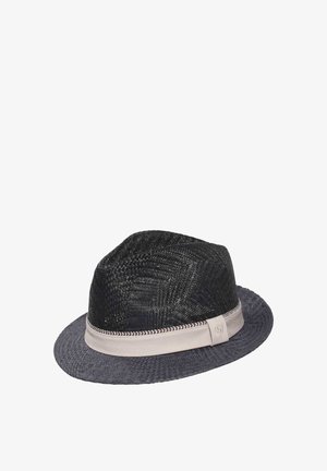 Black woven fedora hat with a beige fabric band and decorative stitching around the crown.
