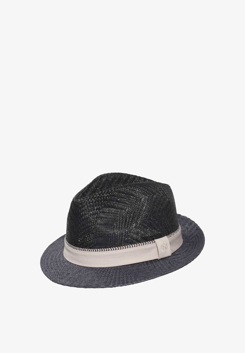 Chapeau fedora noir tissé avec un bandeau en tissu beige et des coutures décoratives autour de la calotte.