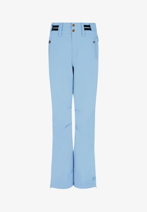 Hellblaue Skihosen mit geradem Schnitt, aus wasserabweisendem Material. Mit drei Knöpfen, schwarzen Akzenten und Reißverschlusstaschen.