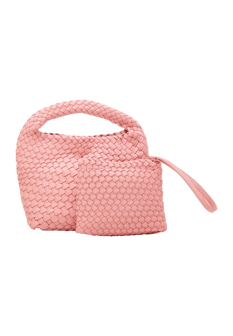 Rosa vävd handväska med ett runt handtag och en liten matchande påse. Tillverkad av strukturerat material med en flätad design.