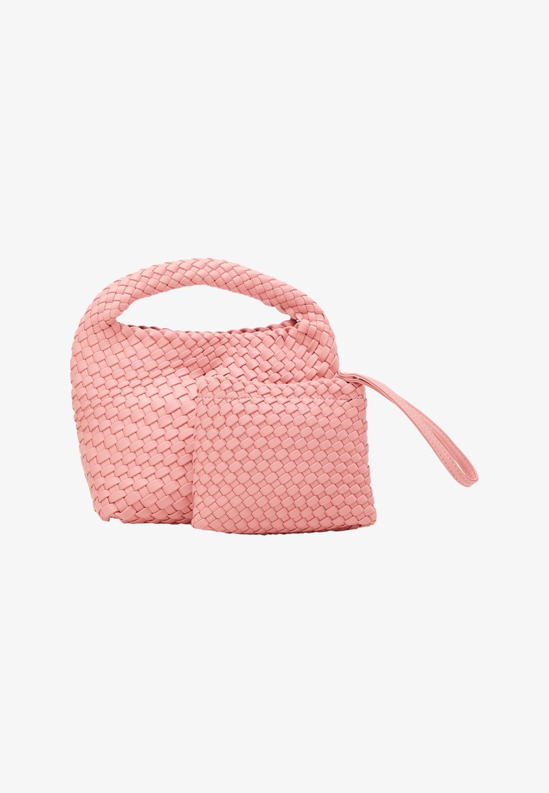 Pink woven handbag with a rounded handle and a small matching pouch. Made of textured material, featuring a braided design.