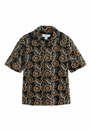 Juoda trumpomis rankovėmis palaidinė su ruda gėlių siuvinėjimu ir lapuotomis vynmedžių girliandomis, turinti smailų apykaklę ir vidutinio dydžio etiketę.