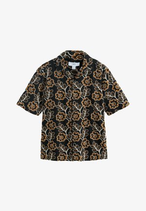 Schwarzes kurzärmliges Hemd mit Knöpfen, brauner Blumenstickerei und blättrigen Ranken, mit spitzem Kragen und mittelgroßem Etikett.