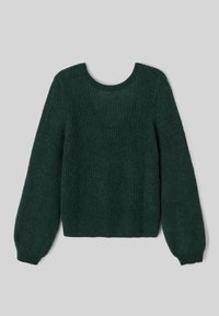Pull en tricot vert foncé avec un col rond, des manches longues et une texture côtes. L'ourlet inférieur est également côtelé, offrant un look ajusté.