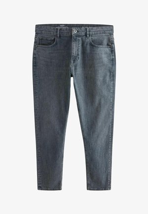 Jeans slim-fit, de culoare gri închis, cu un spălare medie, cinci buzunare și un tiv cu închidere prin nasture și fermoar.