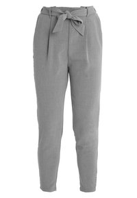 Grijze broek van lichtgewicht stof, met een hoge taille, plooien en een strikceintuur in de taille, met een taps toelopende pijp.