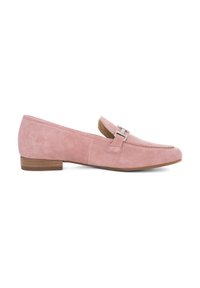 Pink suede loafers with a low brown heel, featuring a decorative silver buckle and a simple stitched design on the upper.