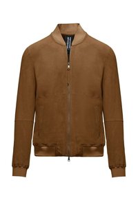 Giacca bomber in suede marrone con chiusura a zip, polsini e orlo a costine, tasche laterali e colletto arrotondato. Texture liscia con dettagli minimi.
