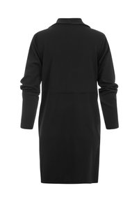 Manteau noir à manches longues, longueur genoux, avec un col, vu de dos sur un fond blanc.