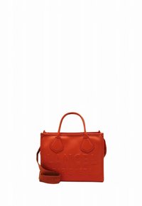 Orange leather handbag with a structured shape, featuring embossed brand name, dual handles, and a detachable shoulder strap.