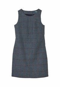 Ärmelloses Kleid aus einem karierter blauen Stoff mit dezenten roten Akzenten, ausgestattet mit einem runden Ausschnitt und geradem Schnitt, entworfen für einen klassischen Look.