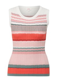Débardeur en maille sans manches avec une texture côtelée, des rayures en zigzag multicolores dans des teintes de rose, corail, gris et blanc. Encolure ronde.