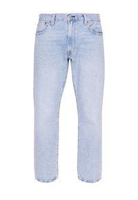 Helle blaue Jeans mit geradem Bein, hoher Taille, Vordertaschen und Knopfverschluss. Klassische, ausgewaschene Optik ohne Muster.